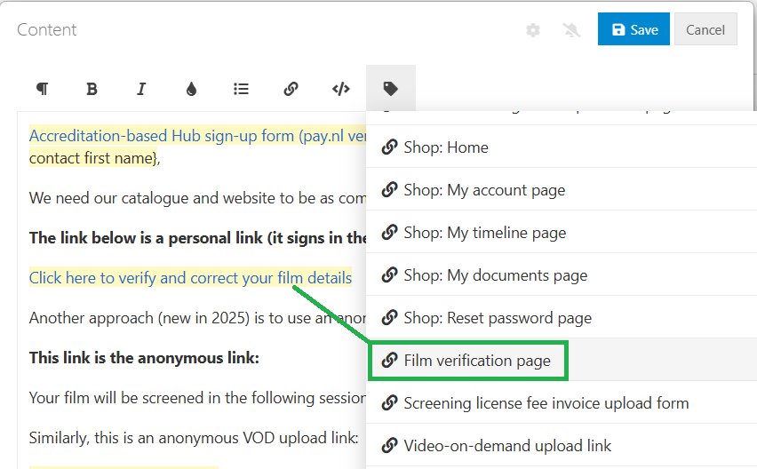 Use the 'Film verification page' merge link to insert a personal link to the film verification page (or form).